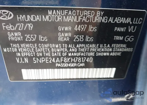 2019 Hyundai Sonata Se from USA, damaged, VIN 5NPE24AF8KH781740